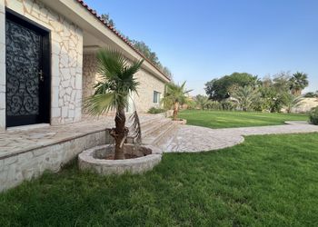 مزرعة بمسطحات خضراء وجلسة خارجية